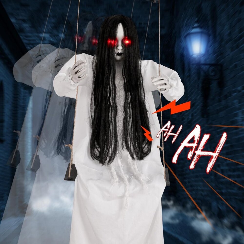 Halloween Decorations Outdoor, Scary Hanging Swinging Girl Props Sound & Slap Ac